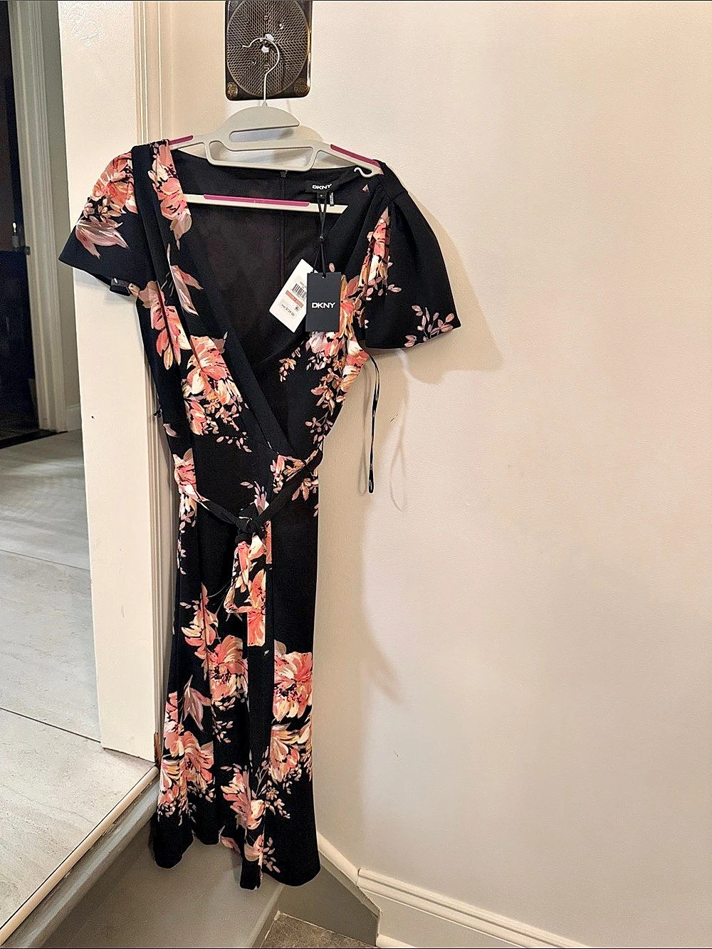 DKNY Floral Print Faux Wrap Midi Dress Black & Pink sz 12 NWT